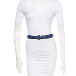Prada Navy Leather Belt with Gold Buckle
